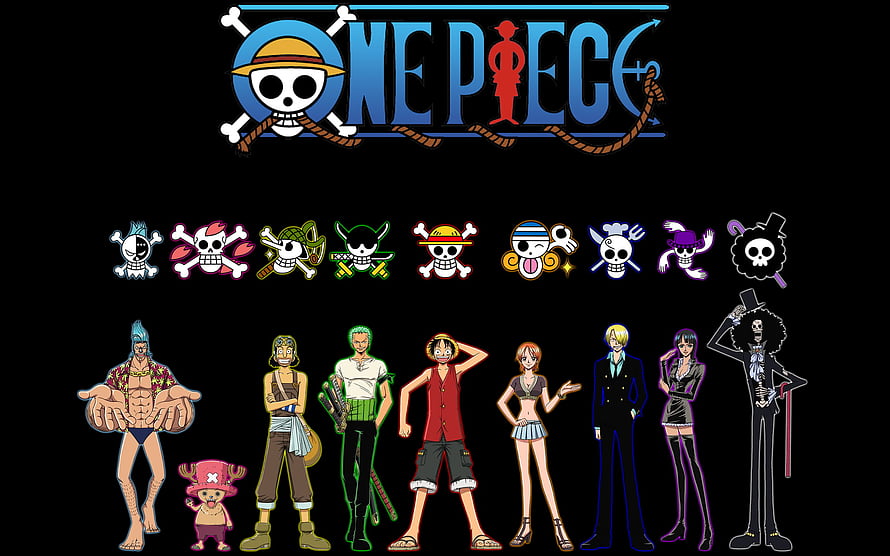 One Piece Straw Hat Pirates Full Crew Lineup with Jolly Roger Logos on Black Background HD wallpaper