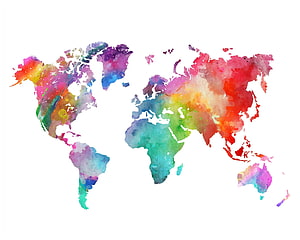 Vibrant Watercolor World Map Art Print with Rainbow Continent Colors HD wallpaper