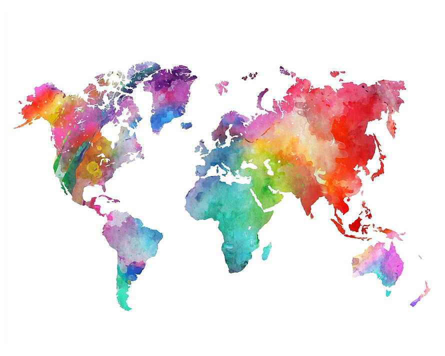 Vibrant Watercolor World Map Art Print with Rainbow Continent Colors HD wallpaper