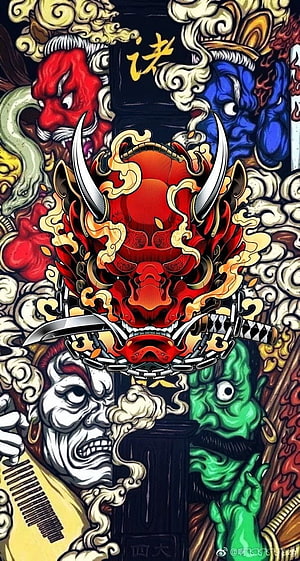 Vibrant Japanese Pop Art Illustration Featuring a Red Oni Mask and Traditional Demon Faces HD phone wallpaper