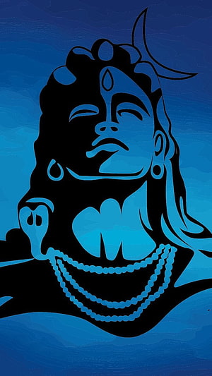 Bholenath Mahakal Silhouette Portrait with Crescent Moon and Beaded Necklaces on Blue Background HD phone wallpaper