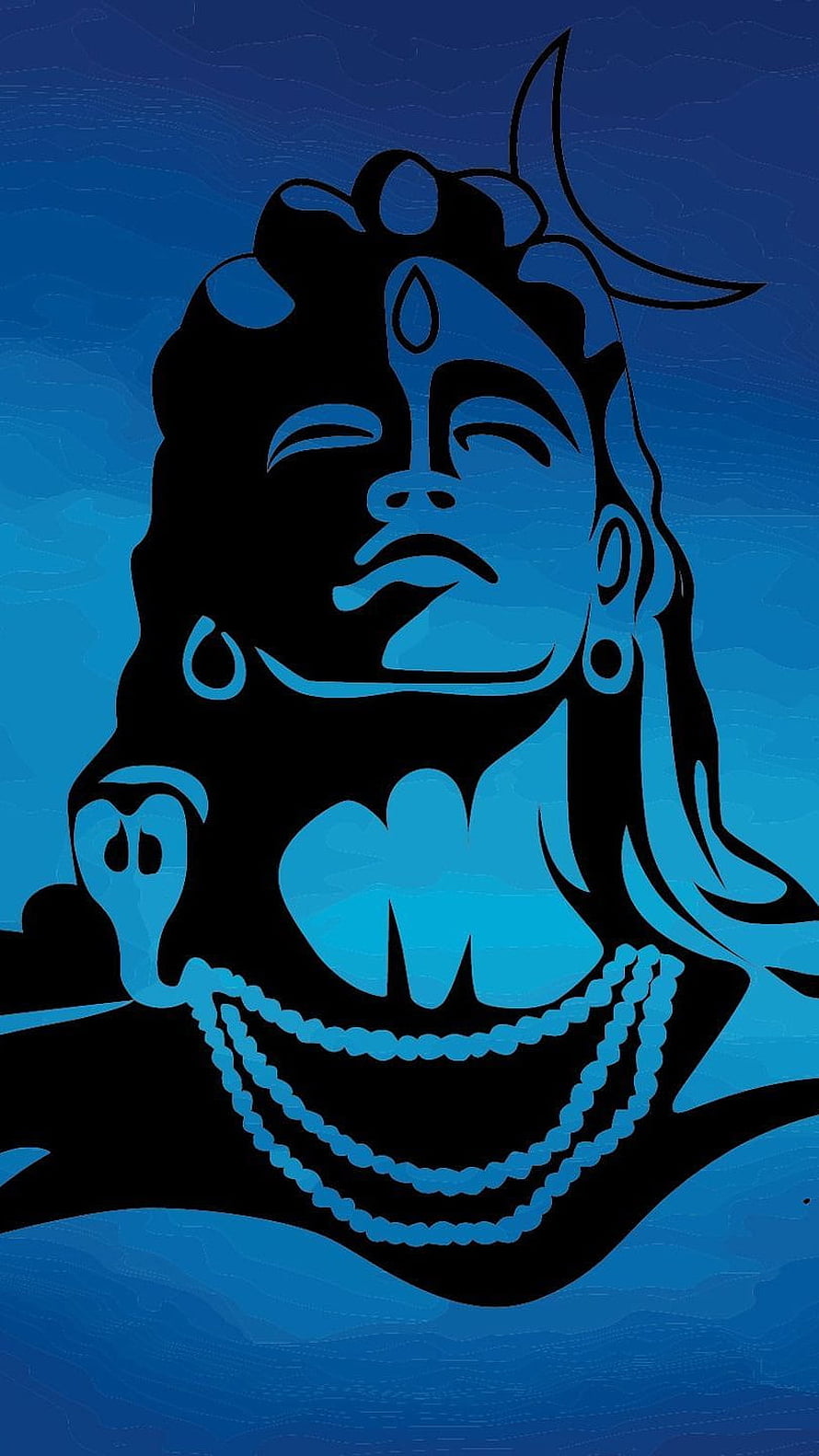 Bholenath Mahakal Silhouette Portrait with Crescent Moon and Beaded Necklaces on Blue Background HD phone wallpaper