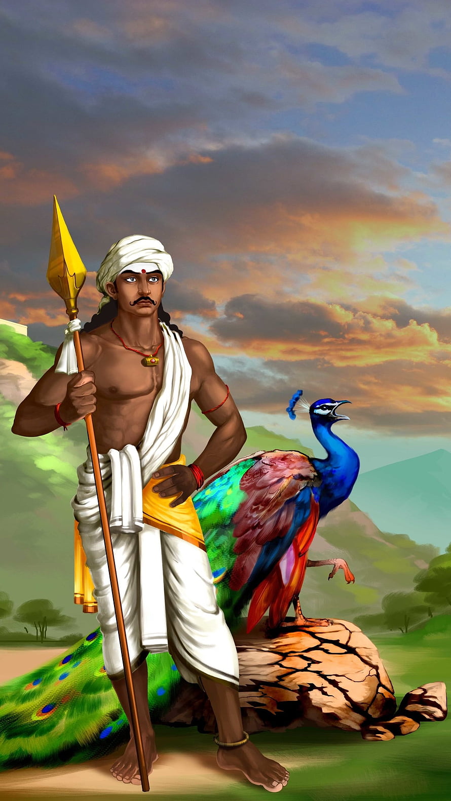 Karna from Mahabharata Standing with Peacock and Spear HD phone wallpaper