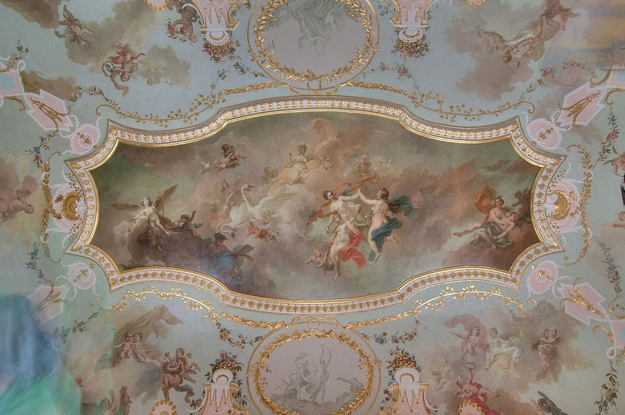 Ornate Rococo Ceiling Fresco with Mythological Figures, Cherubs, and Gold Leaf Decorative Borders HD wallpaper