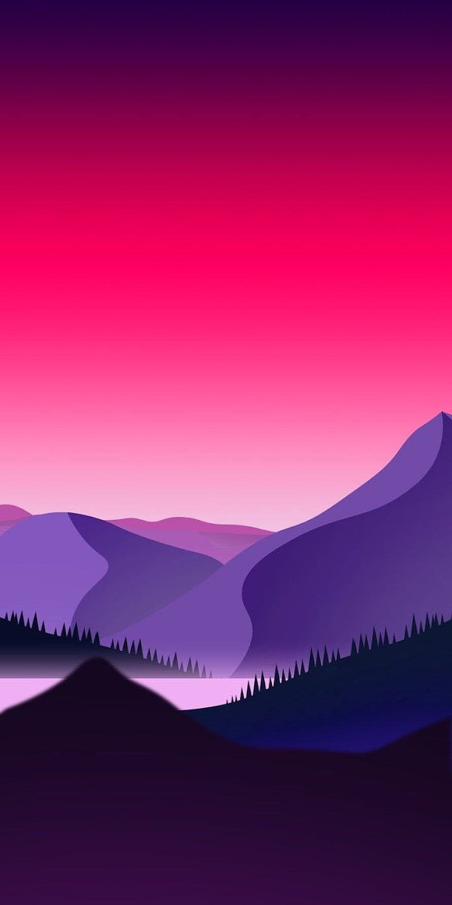 Minimalist Purple Mountain Landscape With Pink Sunset Sky And Pine Trees HD phone wallpaper