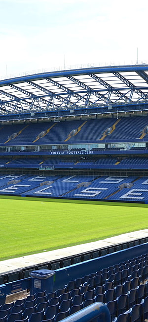 Chelsea Football Club Stadium Interior with Blue Seating and Green Pitch HD phone wallpaper