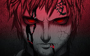 Gaara from Naruto with glowing red eyes and cracked skin in dark anime style HD wallpaper