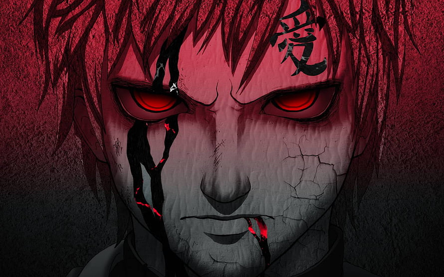 Gaara from Naruto with glowing red eyes and cracked skin in dark anime style HD wallpaper