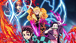 Demon Slayer Anime Art Featuring Tanjiro, Zenitsu, Inosuke, and Nezuko in Dynamic Action HD wallpaper