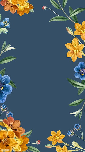 Elegant Floral Border Wallpaper With Blue And Orange Blooms On Slate Background HD phone wallpaper
