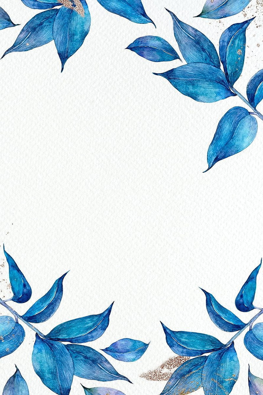 Watercolor Blue Botanical Leaf Frame with Gold Accents on White Background HD phone wallpaper