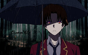 Anime Boy With Orange Eyes Holding Black Umbrella In Rainy Forest HD wallpaper
