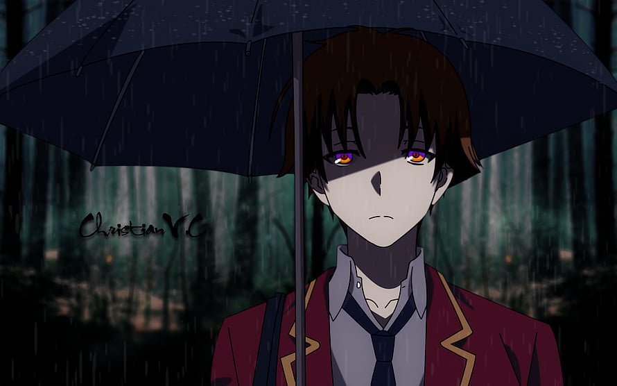 Anime Boy With Orange Eyes Holding Black Umbrella In Rainy Forest HD wallpaper