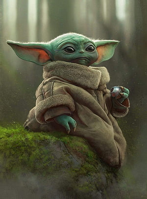 Baby Yoda Sitting on Mossy Rock in Forest HD phone wallpaper