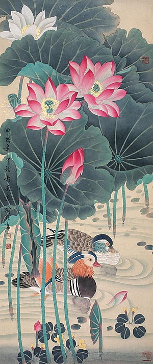 Traditional Chinese Painting of Pink Lotus Flowers and Mandarin Ducks in a Pond HD phone wallpaper