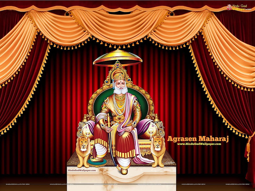 Maharaja Agrasen Seated on Royal Throne with Lions and Golden Canopy HD wallpaper