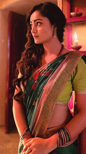 Tridha Choudary in a Green Silk Saree with Traditional Indian Jewelry HD phone wallpaper