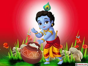 Cute Baby Krishna Stealing Butter from a Pot in a Colorful Garden Scene HD wallpaper