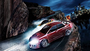 Need for Speed Carbon Nighttime Coastal Car Chase with Red Sedan and Yellow Sports Car HD wallpaper