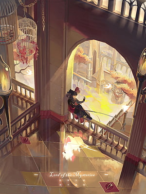 Lord of the Mysteries character sitting on a balcony overlooking a golden cityscape with birdcages and autumn foliage HD phone wallpaper