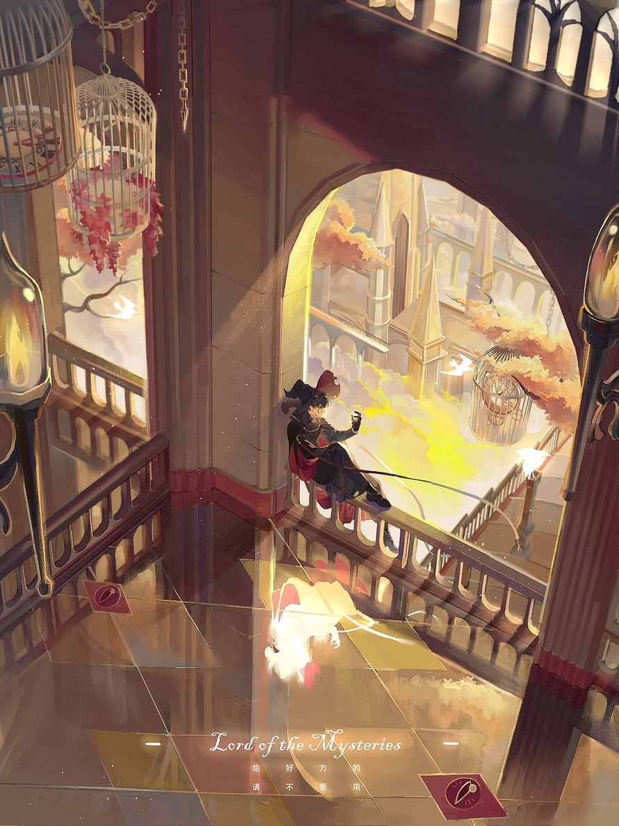 Lord of the Mysteries character sitting on a balcony overlooking a golden cityscape with birdcages and autumn foliage HD phone wallpaper