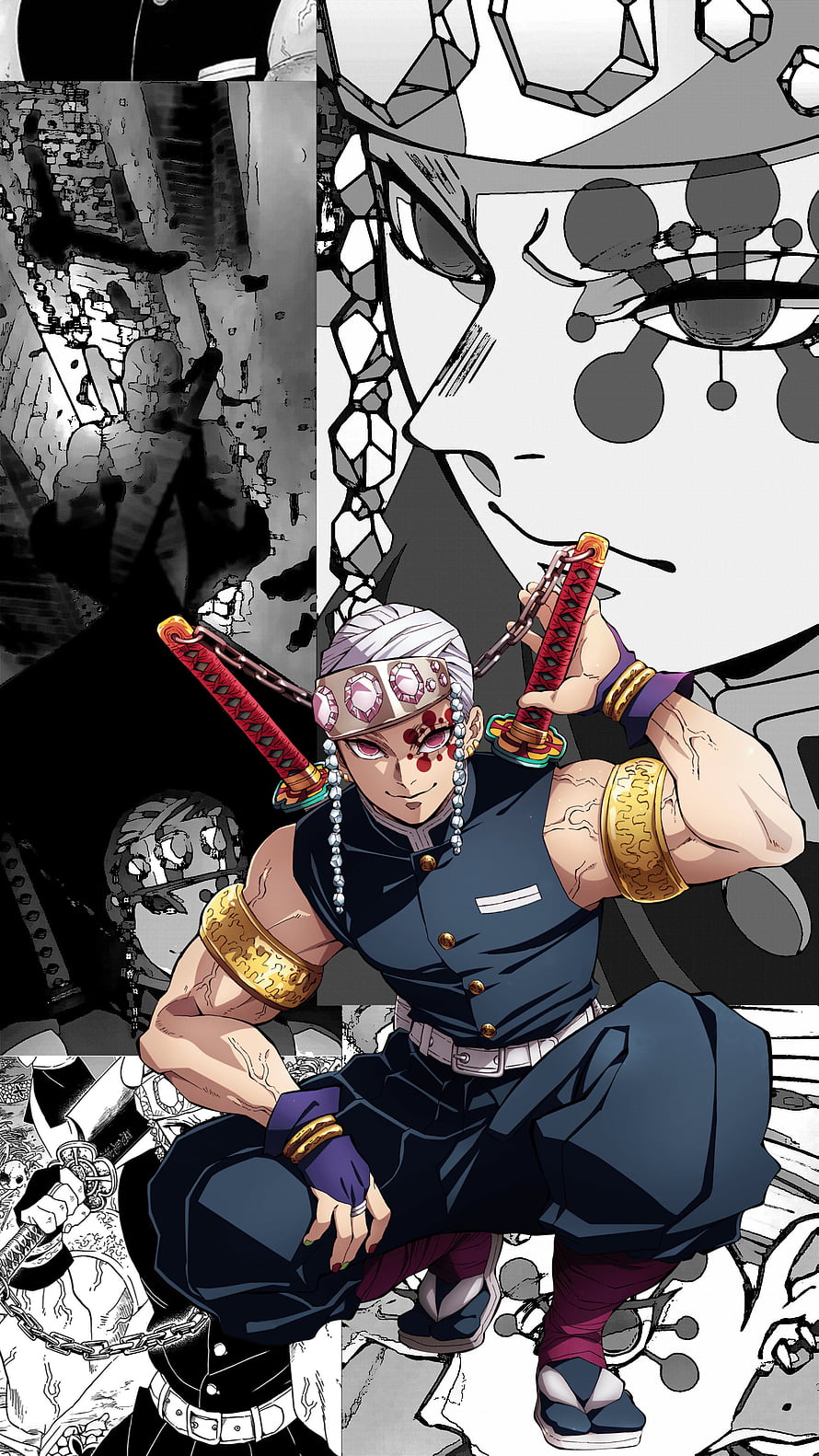Tengen Uzui Demon Slayer Anime Character with Dual Nichirin Swords HD phone wallpaper