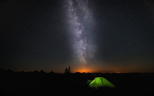 Glowing Green Tent Under The Milky Way Galaxy Night Sky HD wallpaper
