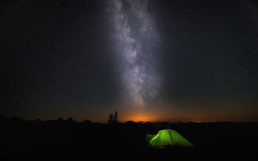 Glowing Green Tent Under The Milky Way Galaxy Night Sky HD wallpaper