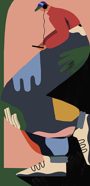Abstract Illustration of a Person Sitting with Headphones and Smartphone HD phone wallpaper