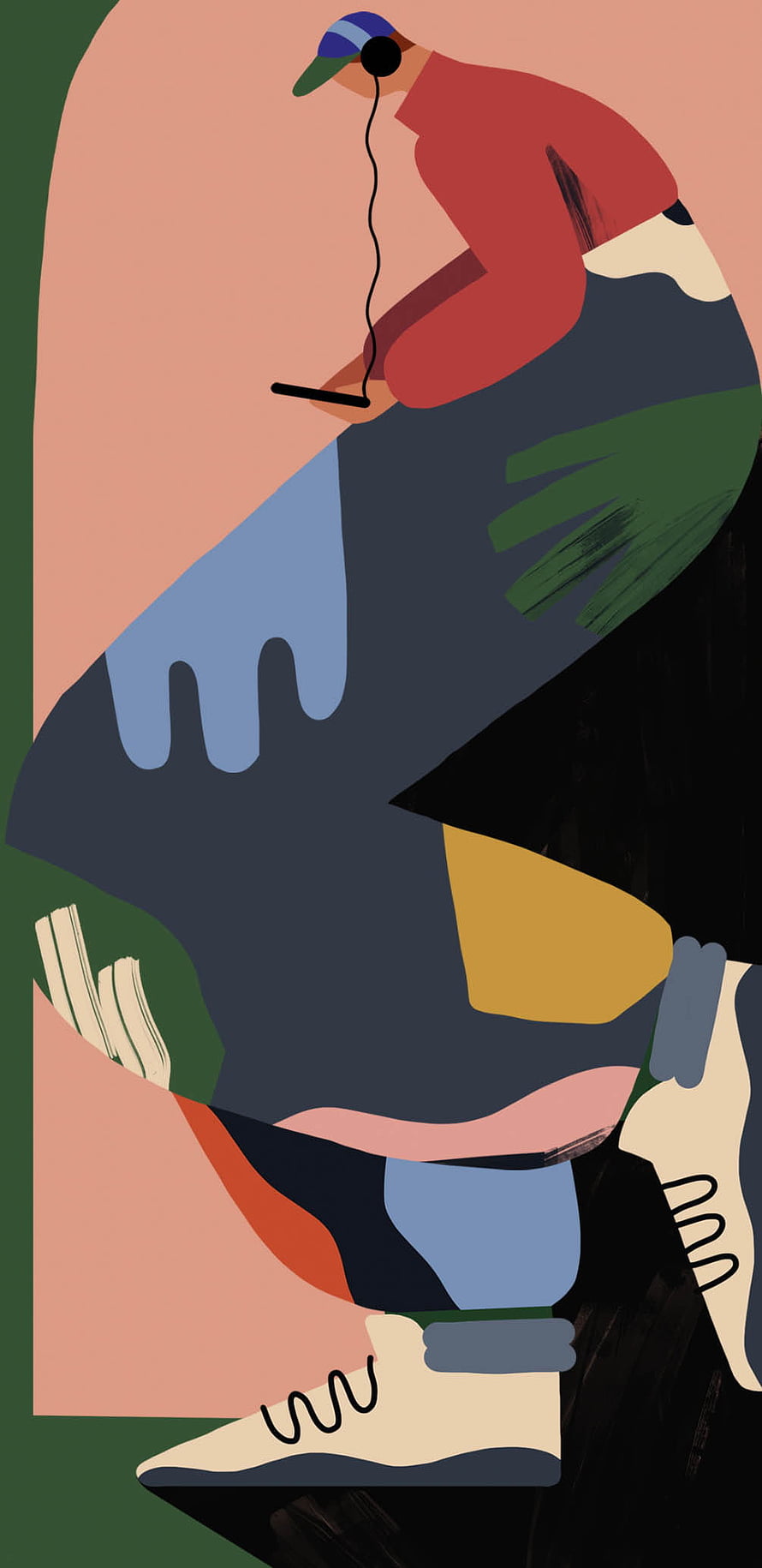 Abstract Illustration of a Person Sitting with Headphones and Smartphone HD phone wallpaper