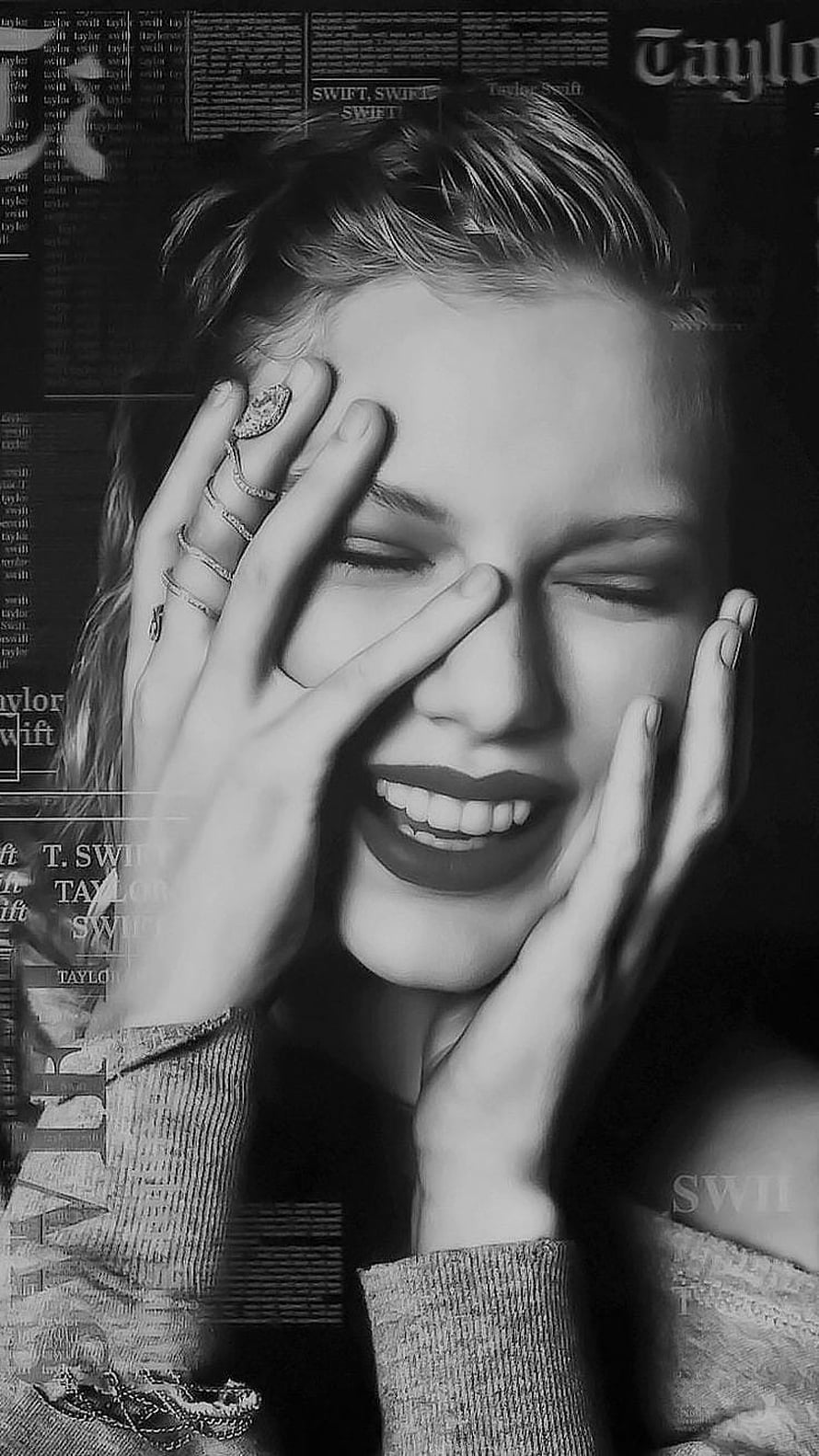 Taylor Swift monochrome portrait with hands framing face and bold rings HD phone wallpaper