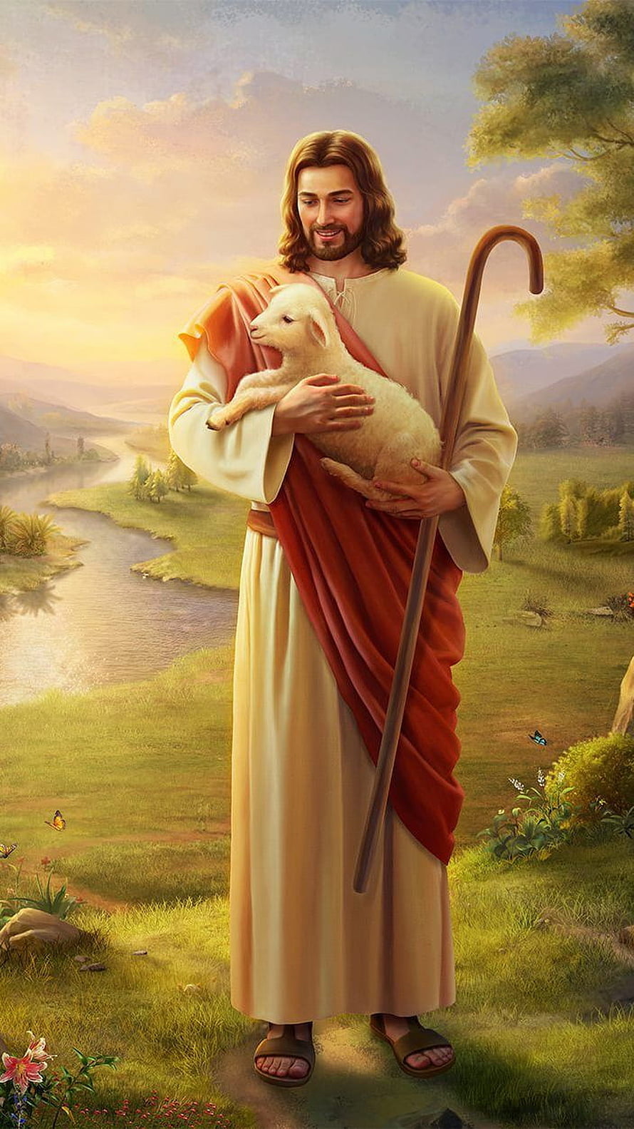 Jesus Christ Holding a Lamb in a Peaceful Pastoral Landscape with Shepherd Staff HD phone wallpaper