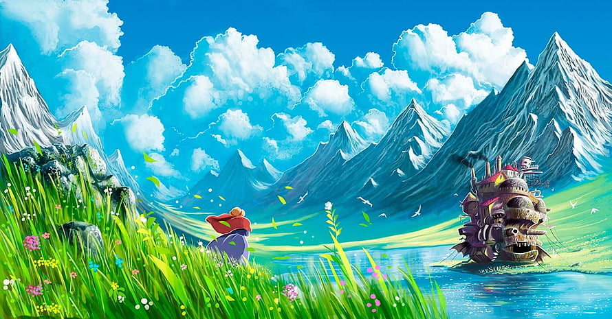 Howl's Moving Castle in a Vibrant Mountain Landscape with Snow-Capped Peaks and Flowing River HD wallpaper