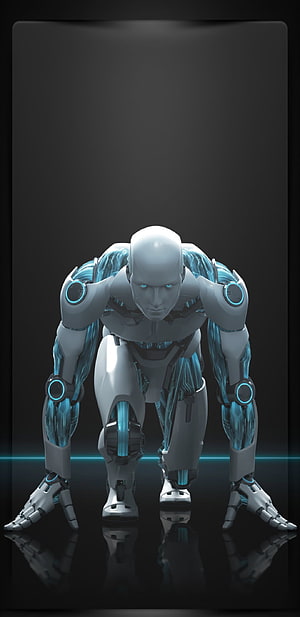 Futuristic Android Robot in Crouched Sprinter Pose with Glowing Blue Circuitry HD phone wallpaper