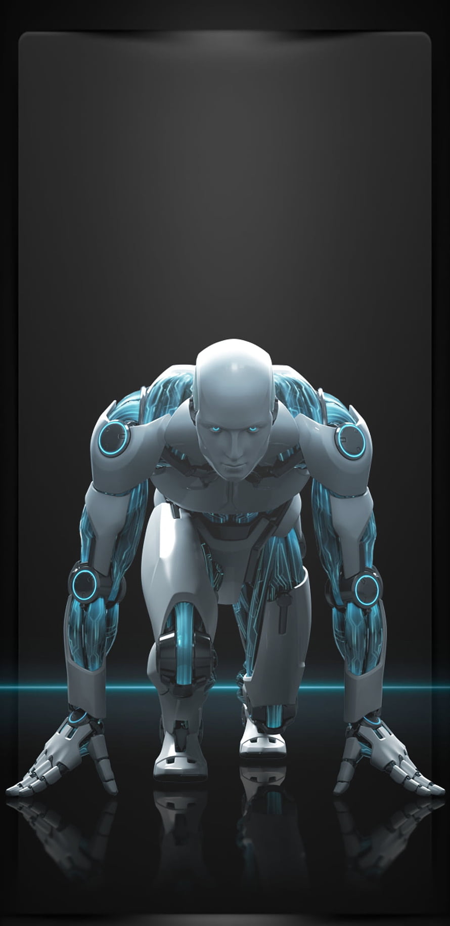 Futuristic Android Robot in Crouched Sprinter Pose with Glowing Blue Circuitry HD phone wallpaper