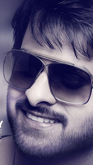 Portrait of a smiling man with a beard and sunglasses in a stylized digital art style, Prabhas, tamil actor HD phone wallpaper
