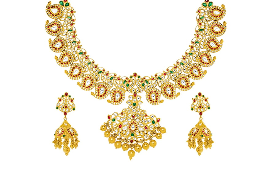Elegant Gold and Diamond Bridal Necklace Set with Jhumka Earrings and Gemstone Accents HD wallpaper