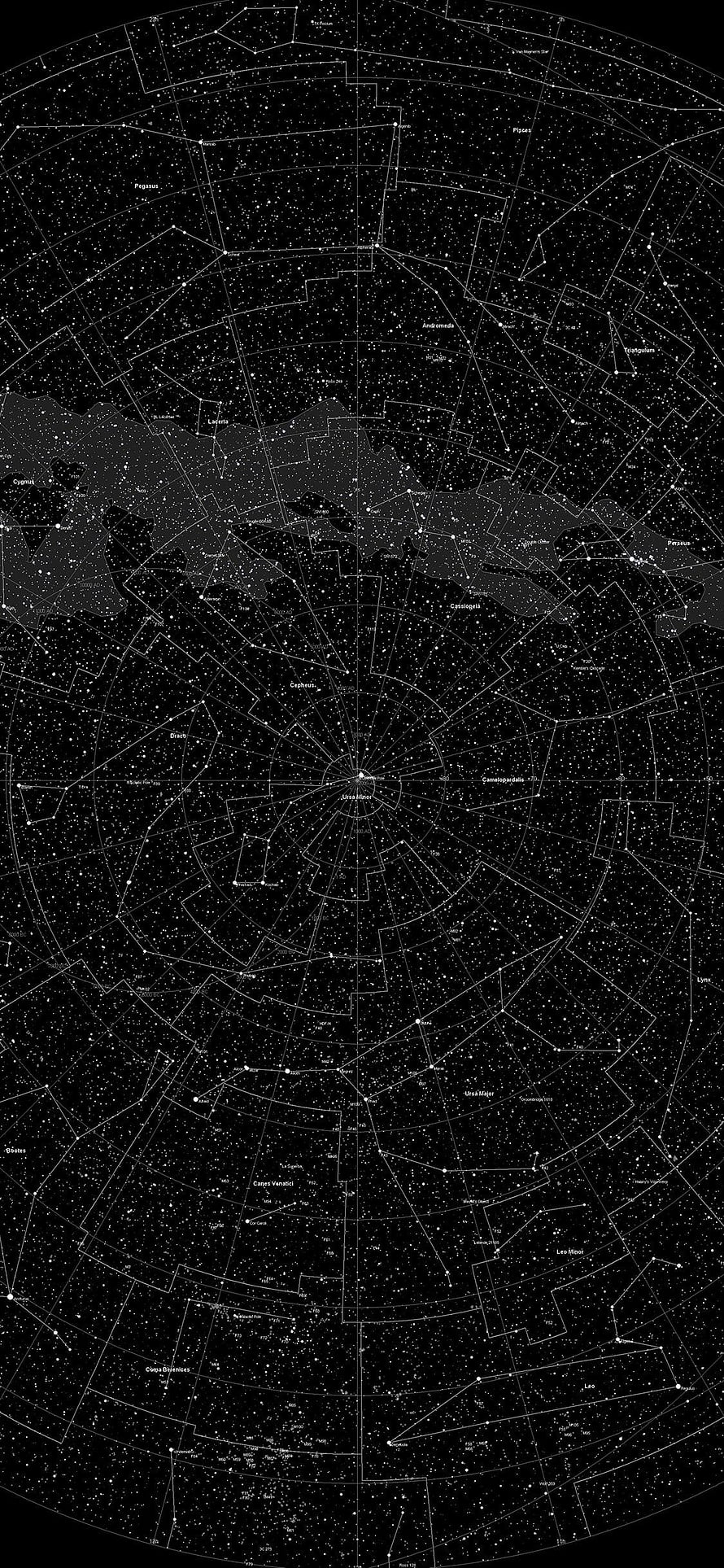 Full Sky Star Chart with Constellation Lines and Milky Way Band on Black Background HD phone wallpaper