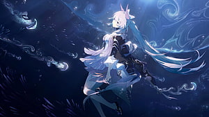 Sangonomiya Kokomi from Genshin Impact in a mystical underwater scene with flowing water and ethereal light HD wallpaper