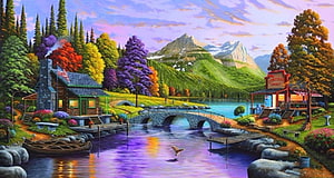 Whimsical Autumn Lakeside Village with Stone Bridge and Colorful Trees HD wallpaper