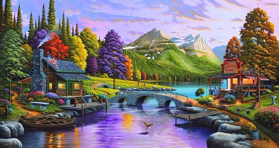 Whimsical Autumn Lakeside Village with Stone Bridge and Colorful Trees HD wallpaper