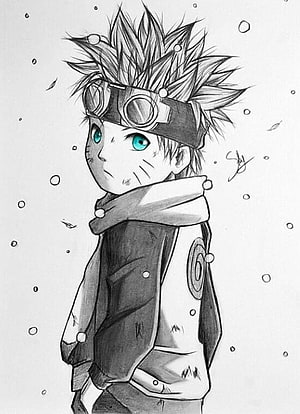 Naruto Uzumaki Chibi Sketch with Goggles and Scarf in Snowfall HD phone wallpaper