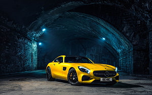 Yellow Mercedes-AMG GT Coupe Parked in Dark Blue Lit Tunnel HD wallpaper
