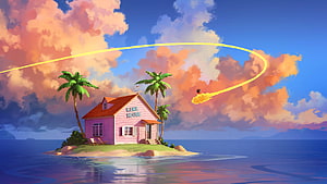 Kame House on a Tropical Island with a Meteor Streaking Across the Sky HD wallpaper