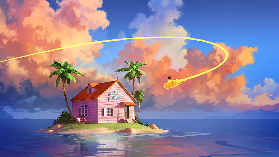 Kame House on a Tropical Island with a Meteor Streaking Across the Sky HD wallpaper