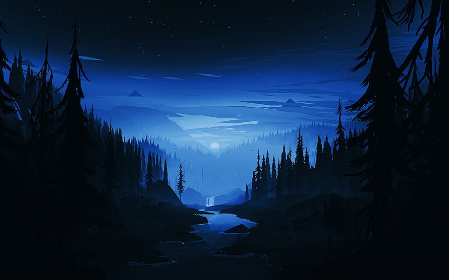 Serene Night Forest Landscape With Moonlit River And Distant Mountains HD wallpaper