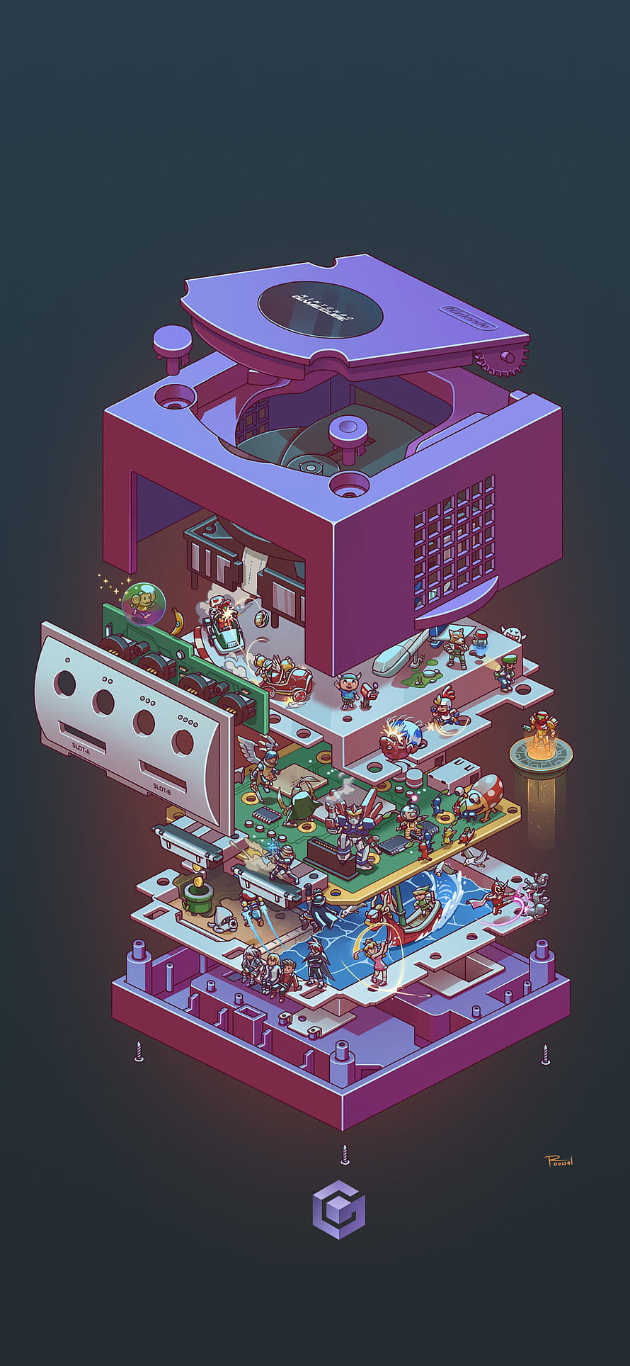 Isometric Exploded View of a Nintendo GameCube Console Revealing Miniature Worlds Inside HD phone wallpaper