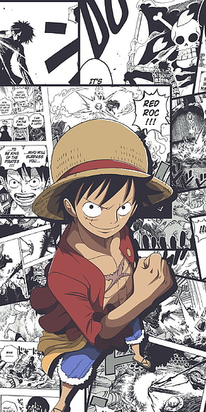 Monkey D. Luffy from One Piece in a dynamic action pose with manga panels in the background HD phone wallpaper
