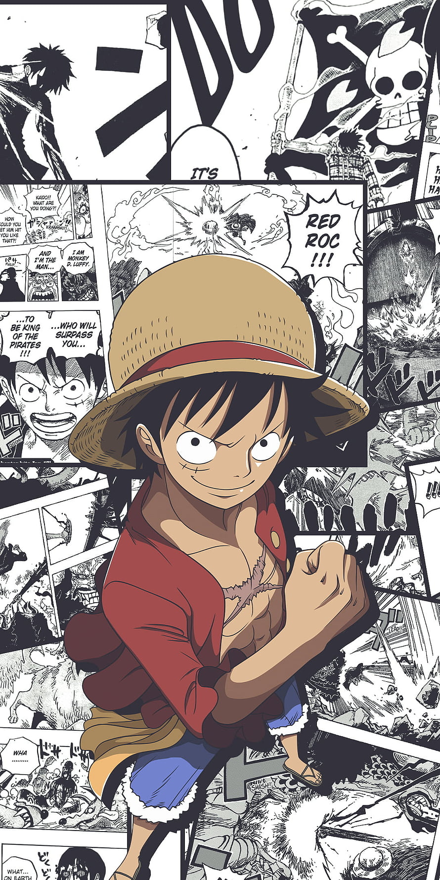 Monkey D. Luffy from One Piece in a dynamic action pose with manga panels in the background HD phone wallpaper