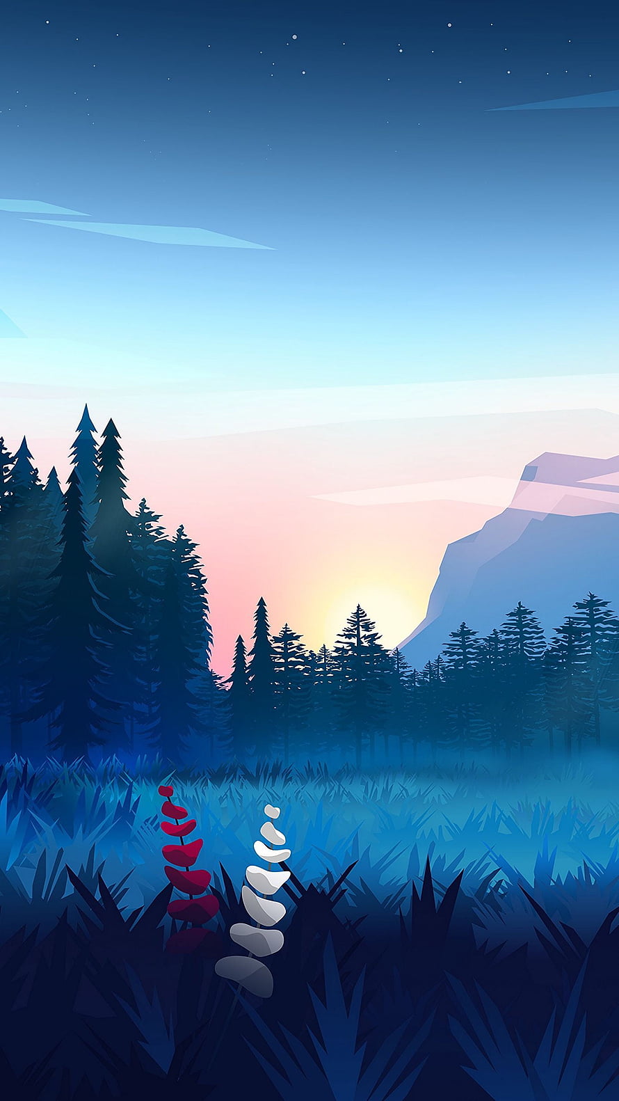 Stylized Vector Forest Landscape at Dusk with Balanced Stones and Mountain Silhouette HD phone wallpaper